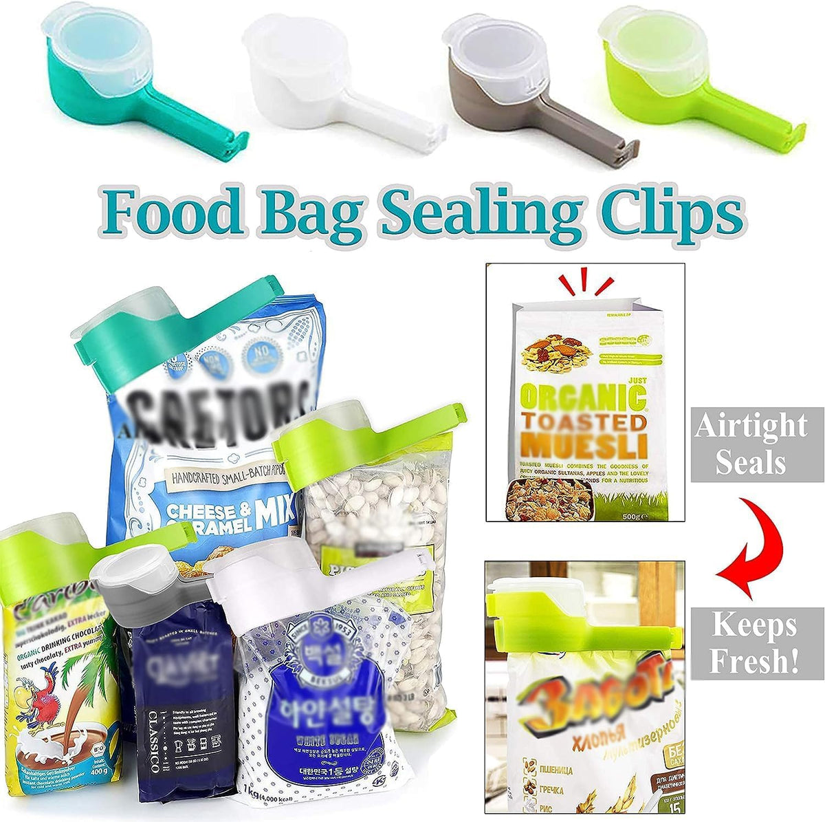 Reusable Food Bag Sealing Clips with Flip-Top Pouring Spout for Snacks, Cereal, Nuts and Pet Food