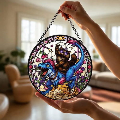 Cat Riding Dinosaur Acrylic Puzzle Ornament – Whimsical Jigsaw Window Hanging Decor, Cute Gift for Cat Lovers