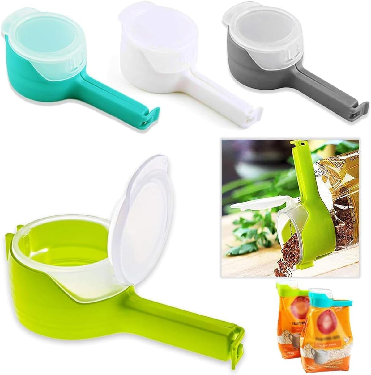 Reusable Food Bag Sealing Clips with Flip-Top Pouring Spout for Snacks, Cereal, Nuts and Pet Food