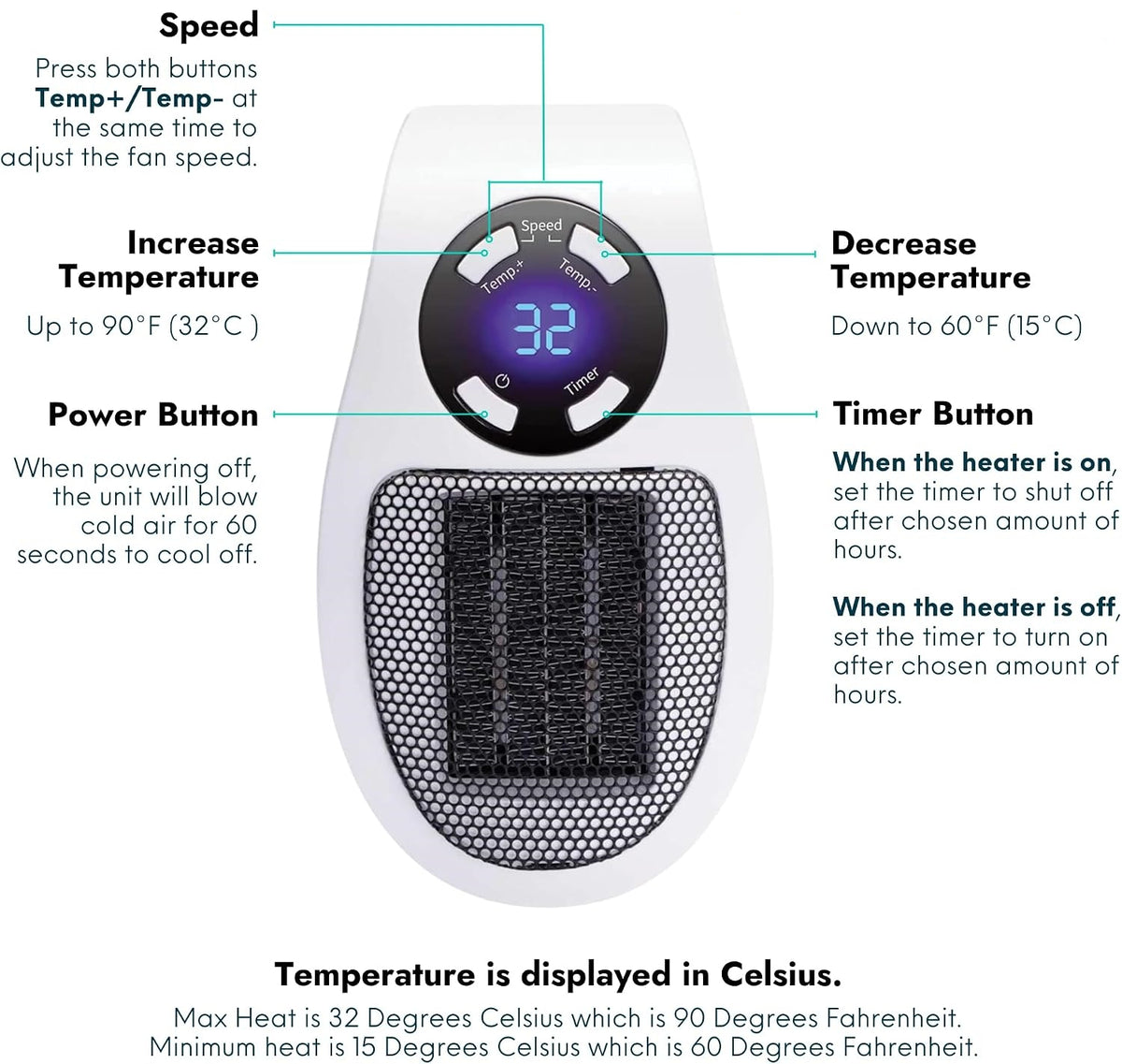 🔥 Portable Plug-In Ceramic Space Heater – Adjustable Thermostat, LED Display & Timer