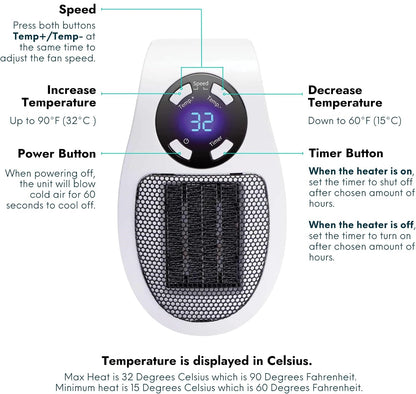 🔥 Portable Plug-In Ceramic Space Heater – Adjustable Thermostat, LED Display & Timer