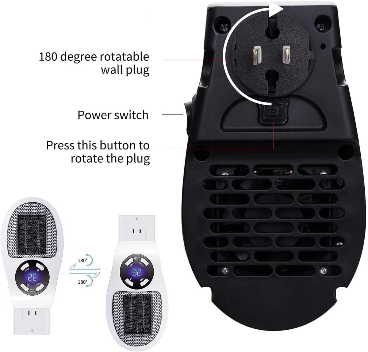 🔥 Portable Plug-In Ceramic Space Heater – Adjustable Thermostat, LED Display & Timer
