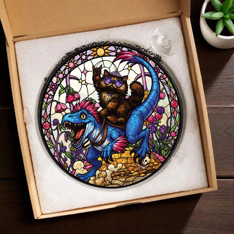 Cat Riding Dinosaur Acrylic Puzzle Ornament – Whimsical Jigsaw Window Hanging Decor, Cute Gift for Cat Lovers