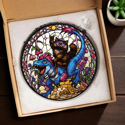 Cat Riding Dinosaur Acrylic Puzzle Ornament – Whimsical Jigsaw Window Hanging Decor, Cute Gift for Cat Lovers
