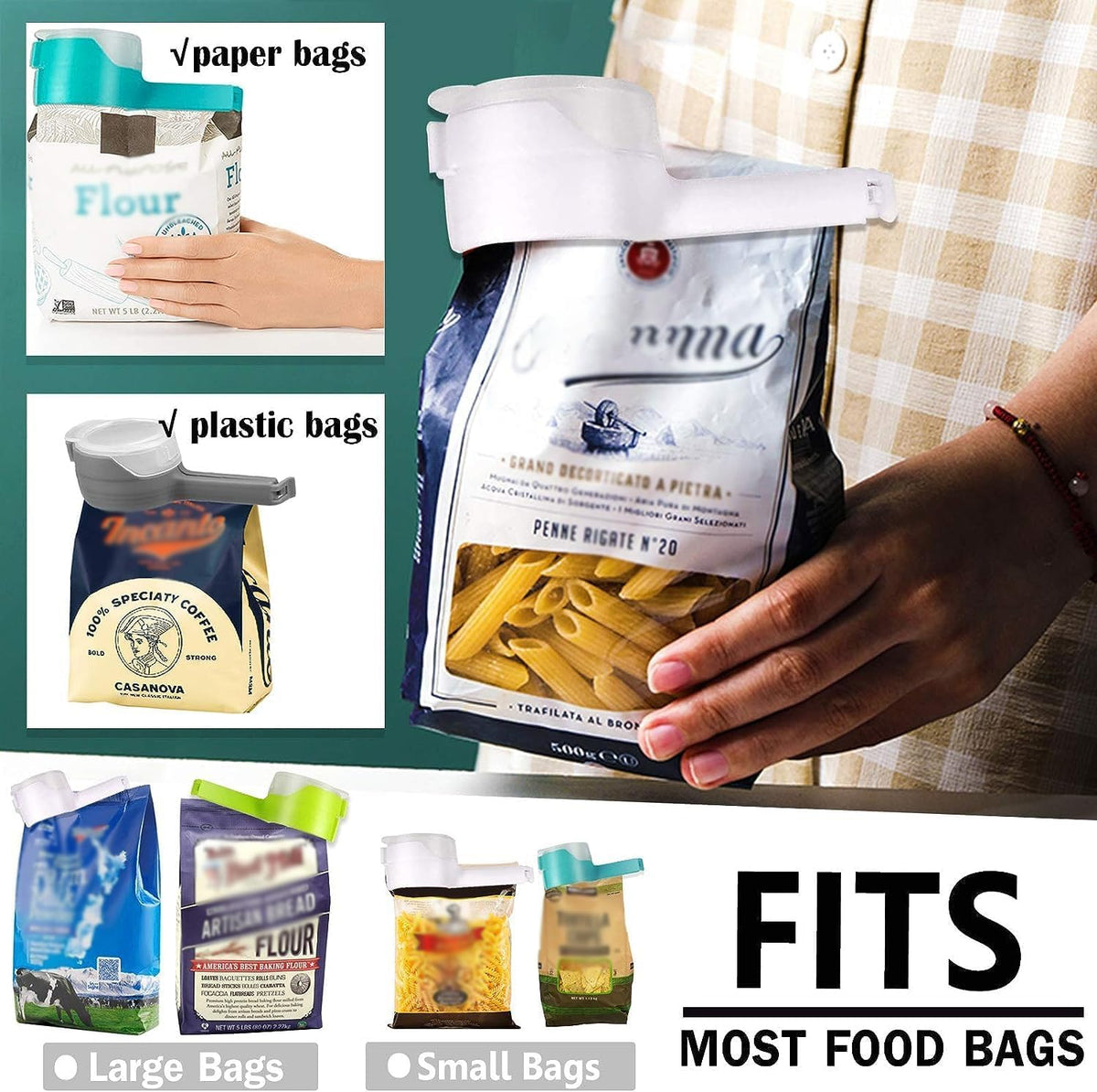 Reusable Food Bag Sealing Clips with Flip-Top Pouring Spout for Snacks, Cereal, Nuts and Pet Food
