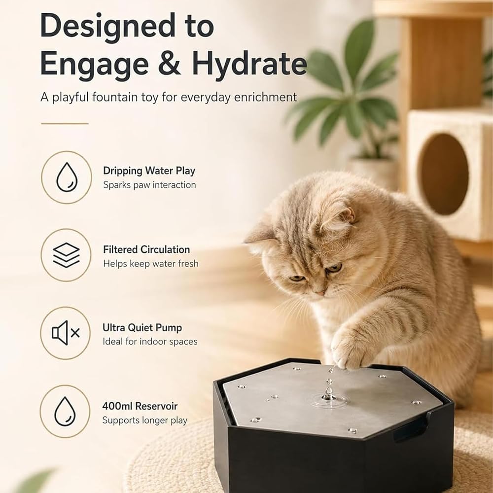🐱 Interactive Dripping Water Cat Fountain & Toy – Rechargeable Pet Water Dispenser with Quiet Pump and Filtration System