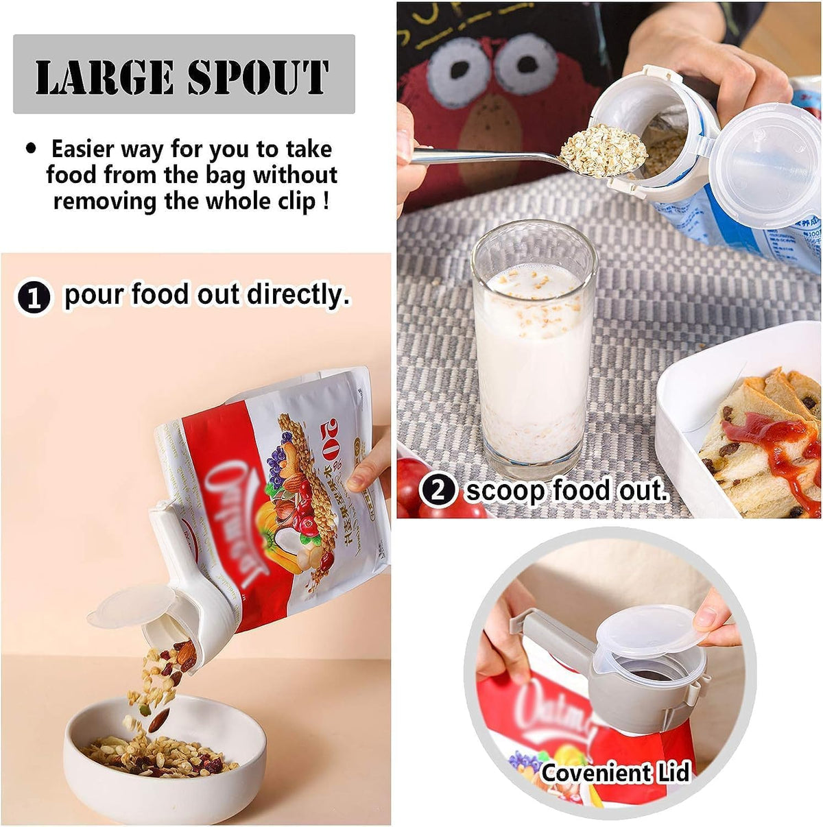 Reusable Food Bag Sealing Clips with Flip-Top Pouring Spout for Snacks, Cereal, Nuts and Pet Food