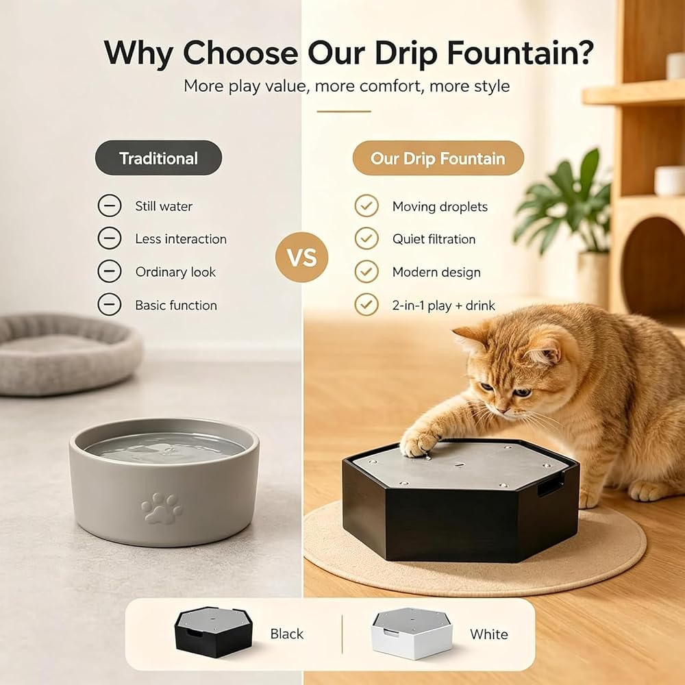🐱 Interactive Dripping Water Cat Fountain & Toy – Rechargeable Pet Water Dispenser with Quiet Pump and Filtration System