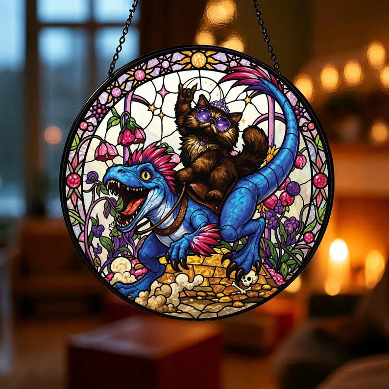 Cat Riding Dinosaur Acrylic Puzzle Ornament – Whimsical Jigsaw Window Hanging Decor, Cute Gift for Cat Lovers