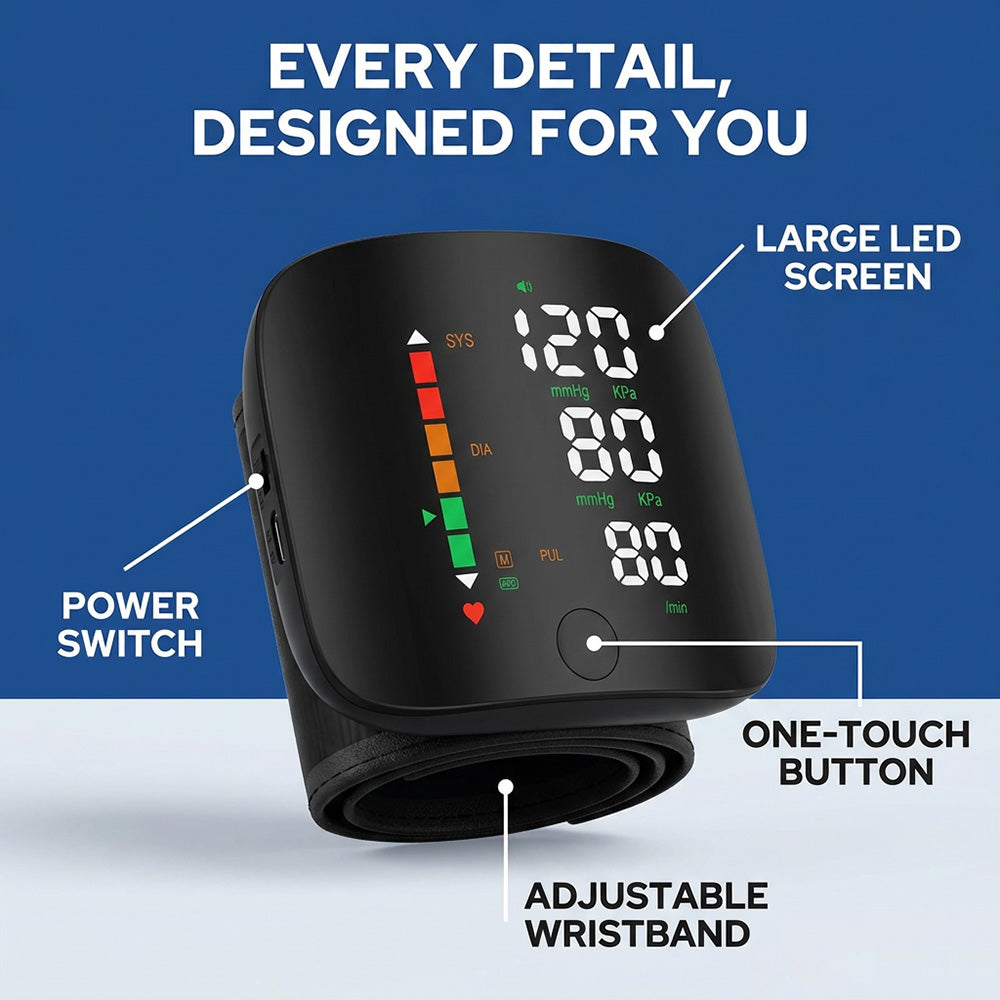 Smart Wrist Blood Pressure Monitor – Portable Digital BP & Pulse Tracker for Easy Home Health Monitoring